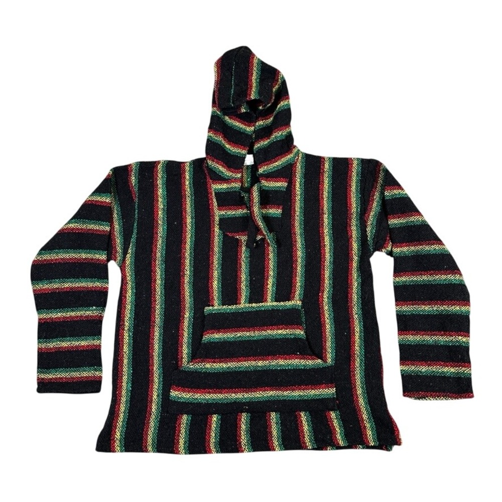 Oland Outdoors Baja Hoodie L Rasta Stripe Woven Pullover Mexican Poncho OL903